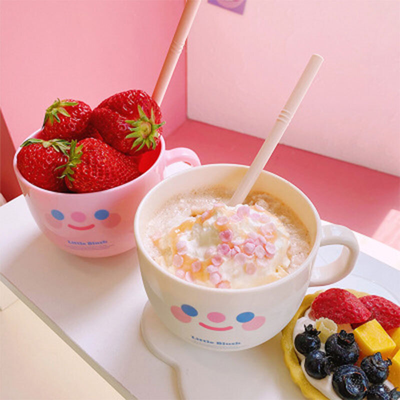 Smiley Bowl Plastic Water Bottle With Lid Straw Milk Cup Milk Coffee Mug Cute Korean Ins Student Adult Tour Drinking Bottle