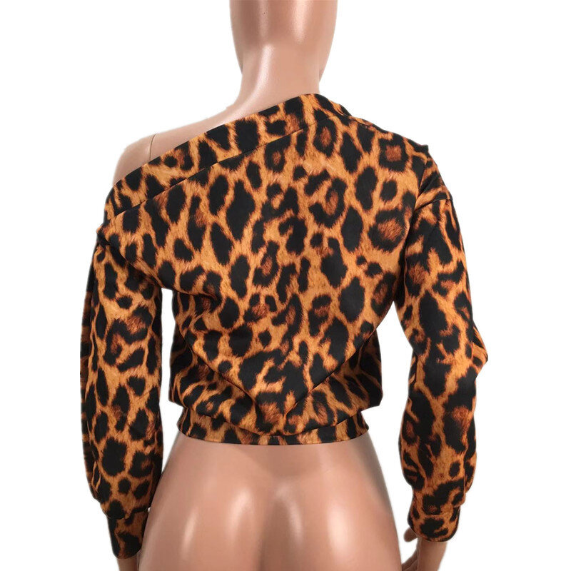 Um ombro moda leopardo camisola feminina blusa branca plus size sexy impressão colheita streetwear manga longa outono 2020