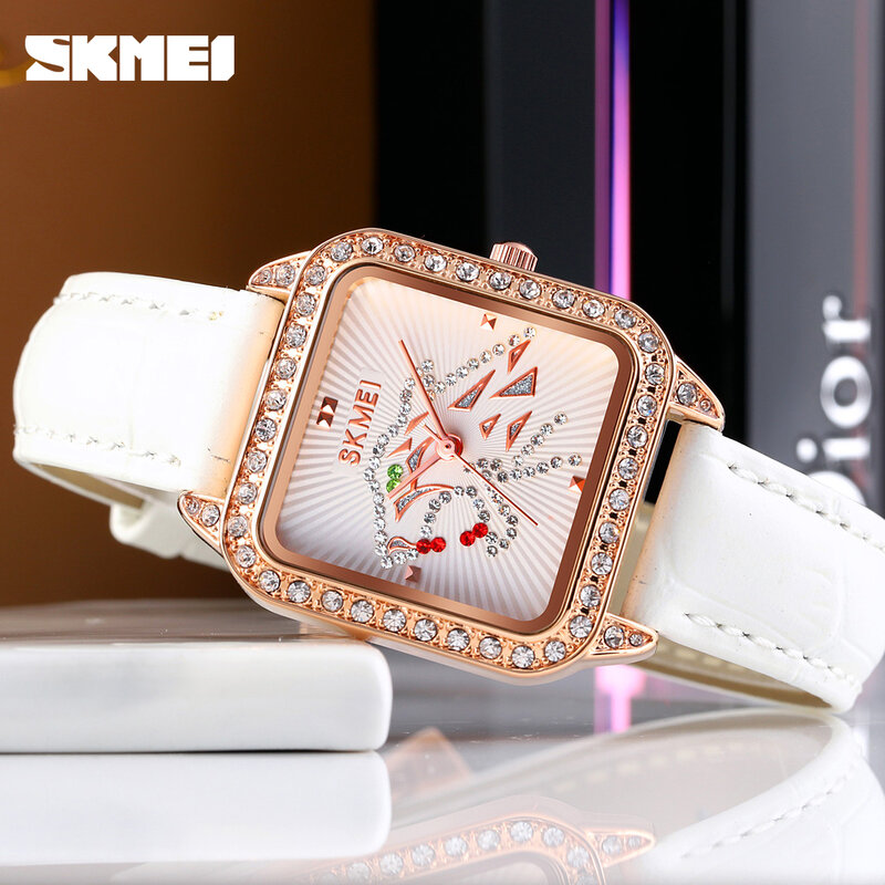 De Lujo Reloj de cuarzo de muñeca para mujeres con diamantes marca SKMEI correa de cuero Vintage vestido Casual relojes pulsera de Reloj de Mujer