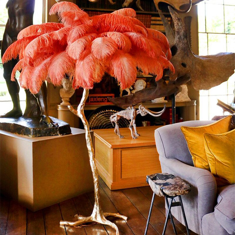 Nórdicos de lujo pluma de avestruz lámpara LED de pie de cobre/latón resina Luz de suelo Art Deco para sala de luz
