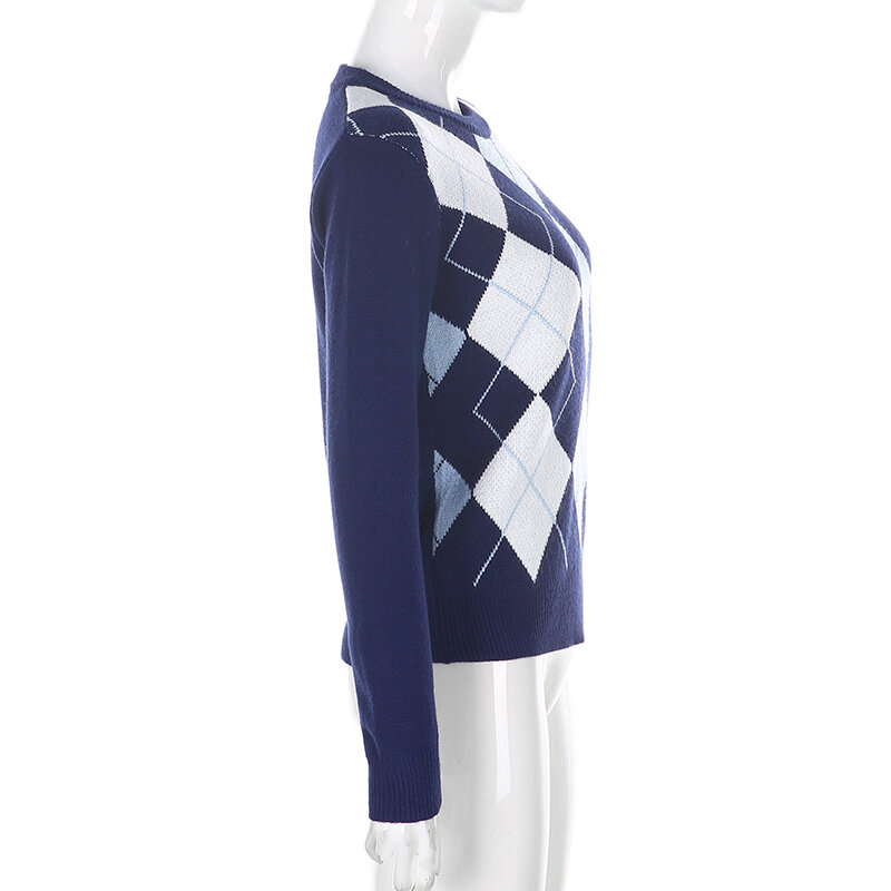 Suéter de punto geométrico de estilo inglés para mujer, moda a cuadros, Otoño, cálido, manga larga, Vintage, Tops, jerséis, 2021