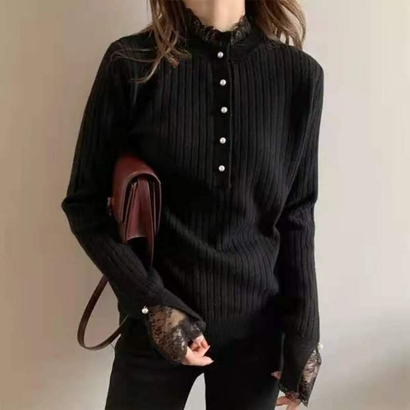 Осень 2021, женская одежда, трикотажный свитер с воротником-стойкой и рукавом-бабочкой, модная женская однотонная кружевная блузка в Корейско...