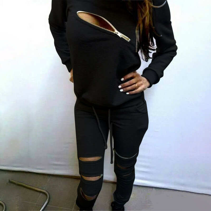 Cor sólida moda nova moda sexy zíper manga longa casual camisola terno com veludo preto cinza