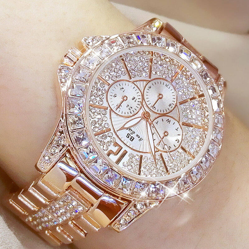 BS marka zegarki damskie luksusowe znani pełny kryształ górski bransoletka zegarek kwarcowy kobiety stal panie kryształ analogowy zegarek na rękę złoty