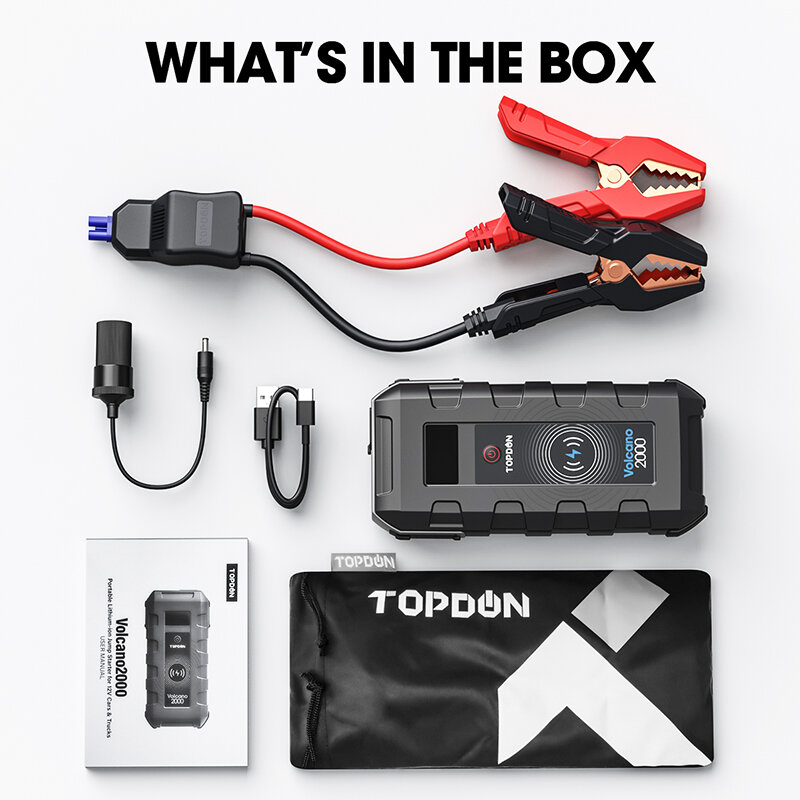 TOPDON – démarreur de saut de voiture V2000, dispositif de démarrage d'urgence Portable, chargeur sans fil, batterie d'alimentation, 20800mAh, 12V, 2000a