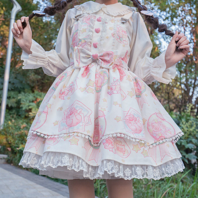 Japanische Süße Kawaii Jsk Lolita Kleid Frauen Vintage Victorian Gothic Cartoon Ärmel Bogen Spitze Prinzessin Tee Party Kleider