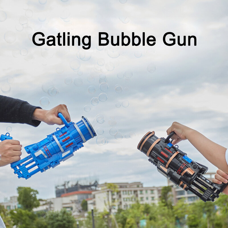 Pistola de burbujas Gatling 2 en 1 para niños y adultos, juguetes al aire libre, máquina de burbujas eléctrica para bodas