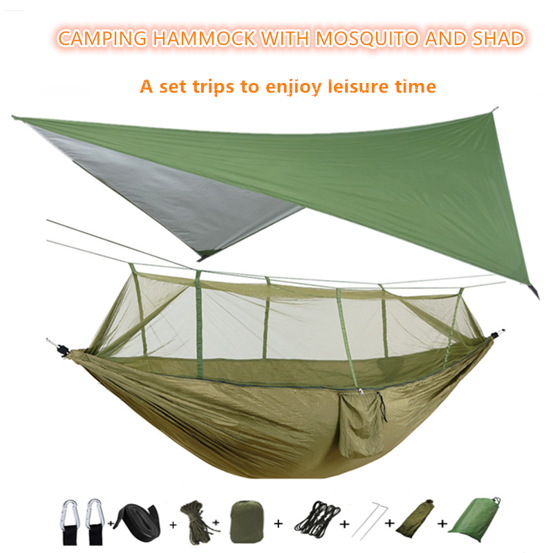 Hamaca portátil para acampar con mosquitera y lona para lluvia, dosel de nailon, hamaca doble para senderismo, muebles de Patio