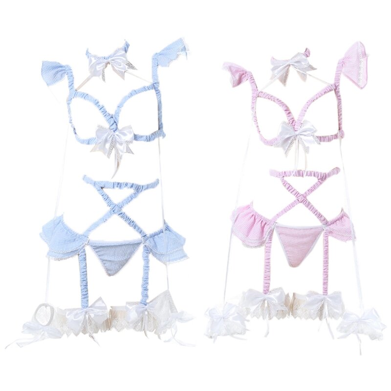 Bowknot Design Lovely Pink Blue Housemaid Costumes Gothic Punk Slave Body Cage durezza reggicalze Lingerie Set L41B