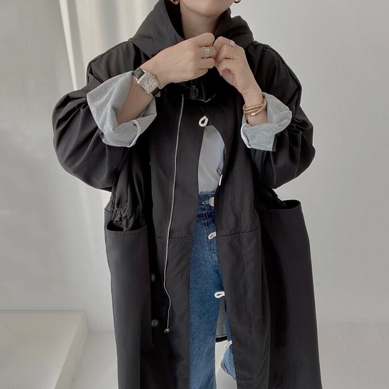 Trench coreano giacca a vento Chic felpa con cappuccio personalizzata fibbia cerniera coulisse chiusura in vita Design grande tasca media e lunga