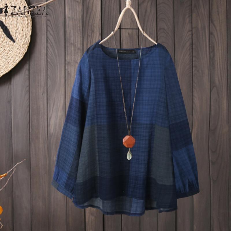 Women Vintage Spring Long Sleeve Plaid Printed Blouse ZANZEA RetroChecked Tops  Loose Shirt Casual O Neck Blusas Tunic Plus Size