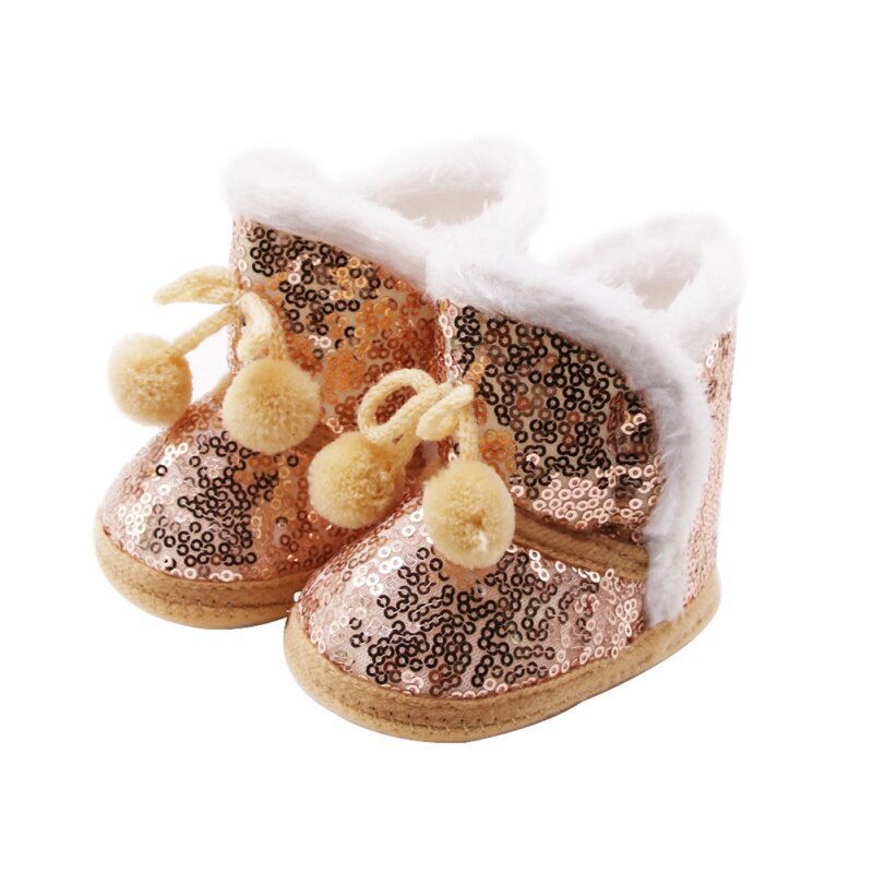 Botas de nieve cálidas con lentejuelas para bebé, niño y niña recién nacido, zapatos de algodón antideslizantes con bola de felpa, Invierno