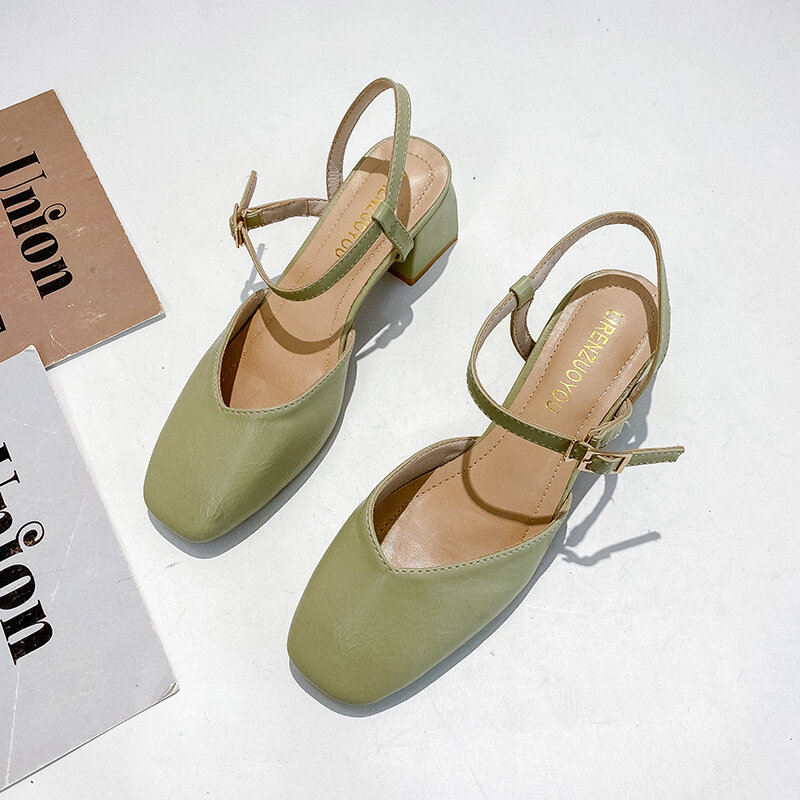 Baotou – sandales à talons épais et mi-hauts pour femmes, chaussures simples à boucle, nouveau Style, été, 2021