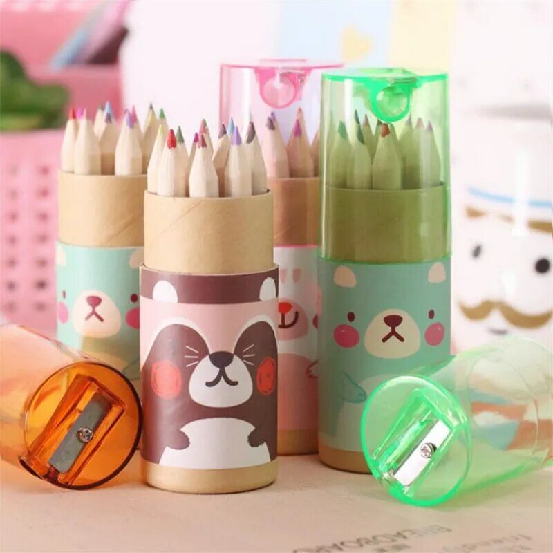 12Pcs/Box Mini Crayons Pencils Stationery Cute Bear Pencils For School Girl Boy Colored Pencils YOUE SHONE