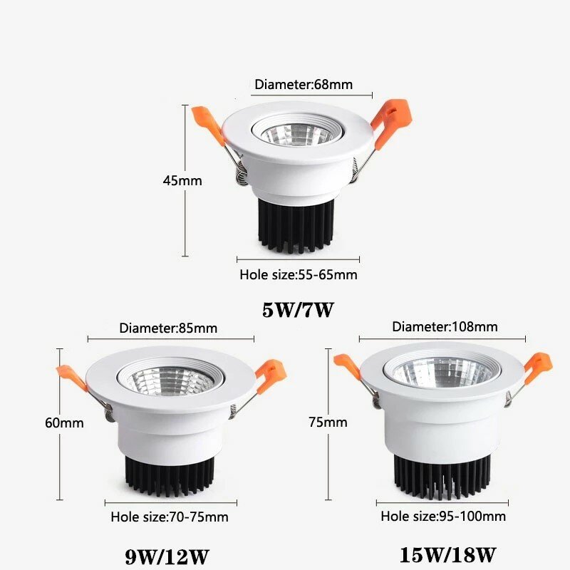 새로운 AC110V-220V LED 천장 조명 5W 7W 9W 12W 15W 18W 디 밍이 가능한 COB 천장 다운라이트 천장 램프 스포트 라이트