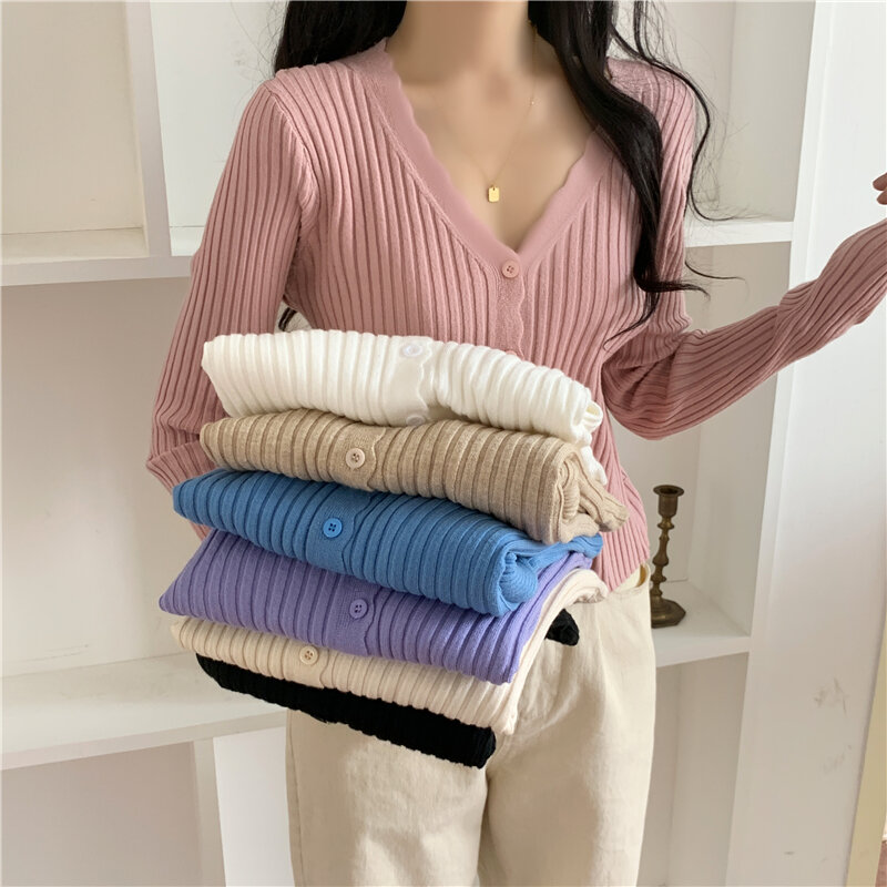 Cmaz suéter feminino tricotado com botão up, blusa curta casual slim com manga comprida casacos para mulheres 124 #