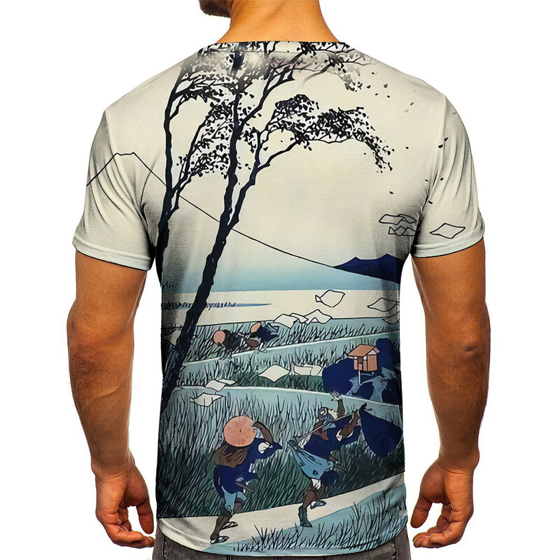 2021 verão masculino em torno do pescoço 3d impressão paisagem da árvore sob o pôr do sol moda de manga curta camiseta