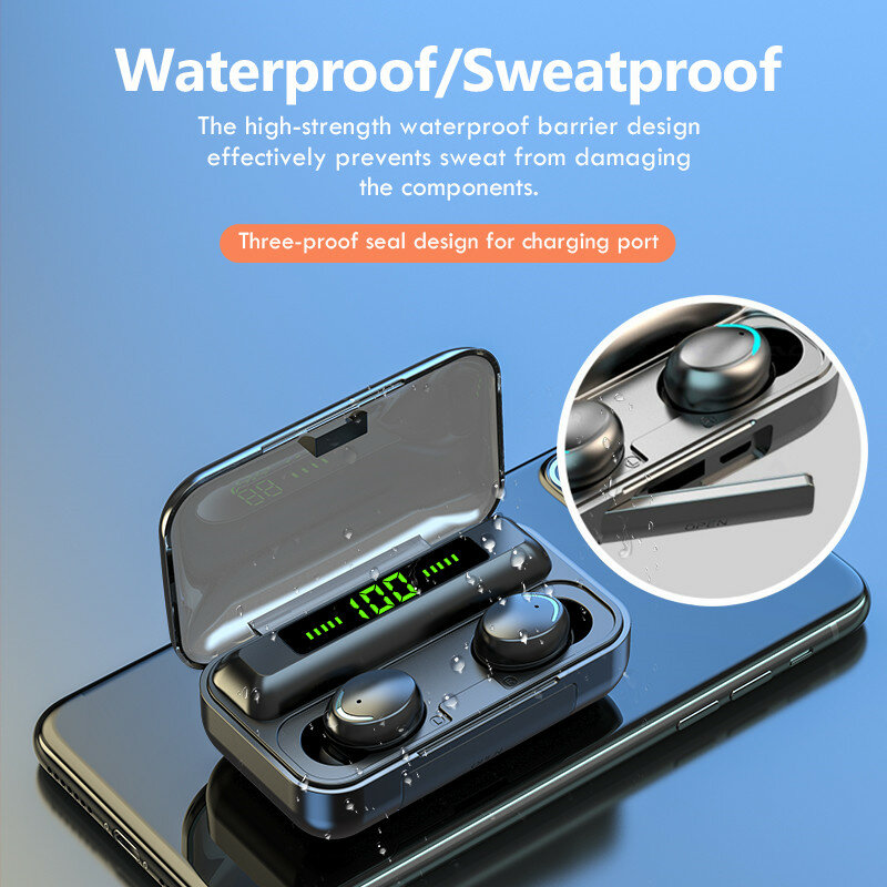 Oringinal TWS F9 bezprzewodowe słuchawki 5.0 Bluetooth słuchawki końcówka douszna 9D słuchawki Stereo wodoodporne sportowe zestaw słuchawkowy z mikrofonem