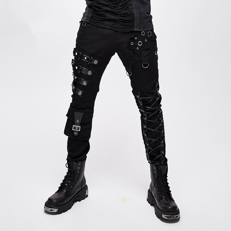Calças masculinas punk steampunk, calças compridas pretas com rebites e fivelas de metal em tiras cruzadas para performance