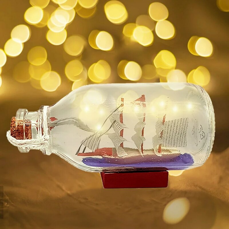 New Ship In Bottle Warm Yellow LED Night Light Sailboat Drift Bottle Home Decoration Ornaments Home Accessories  Figurine