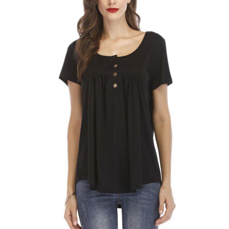 Camisetas femininas moda em torno do pescoço solto feminino verão topos feminino curto-mangas compridas botão casual camiseta