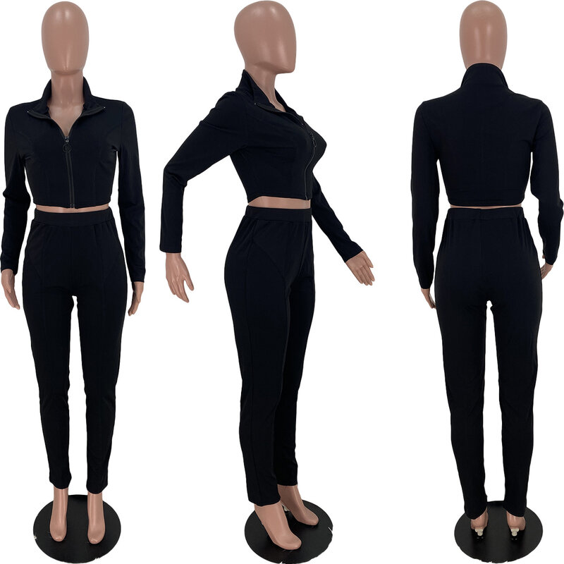 2021 가을 여성 두 조각 세트 Tracksuit 매칭 세트 솔리드 컬러 지퍼 자켓 코트와 긴 바지 Sportsuit 의류 여성을위한