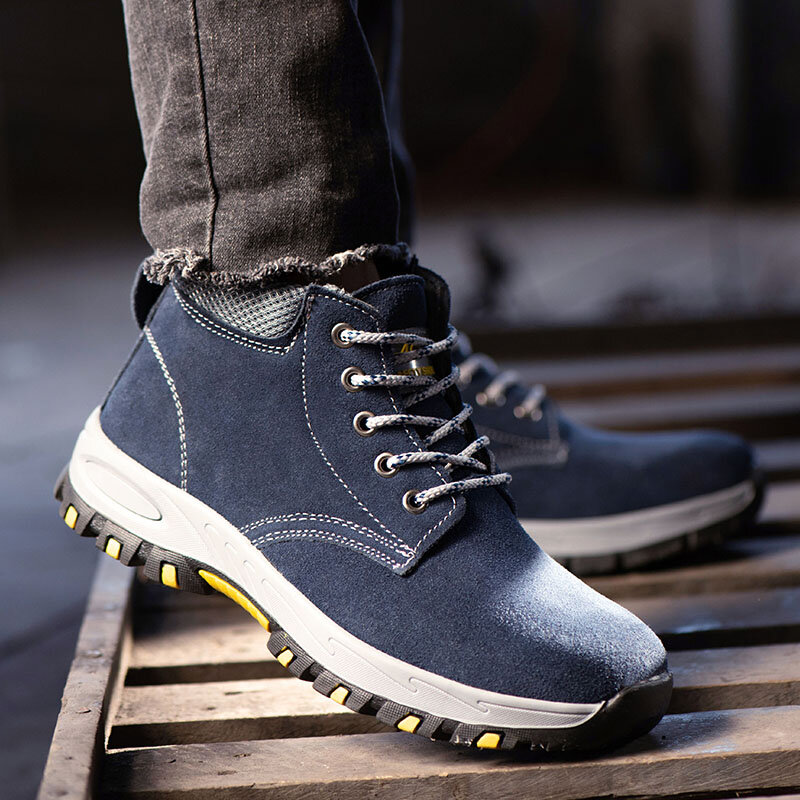 Botas de inverno masculinas à prova de água sapatos de trabalho de segurança sapatos de trabalho de couro de camurça à prova de punctura