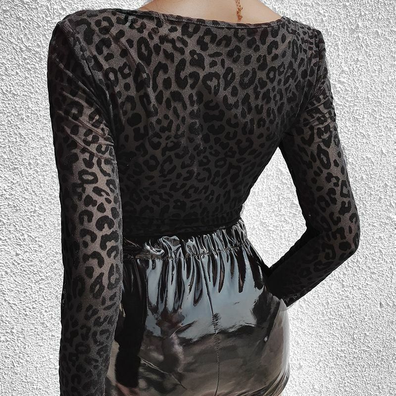 Femmes Sexy Perspective motif léopard couture body à manches longues nouvelle mode Sexy maille mince bas chemise combinaisons