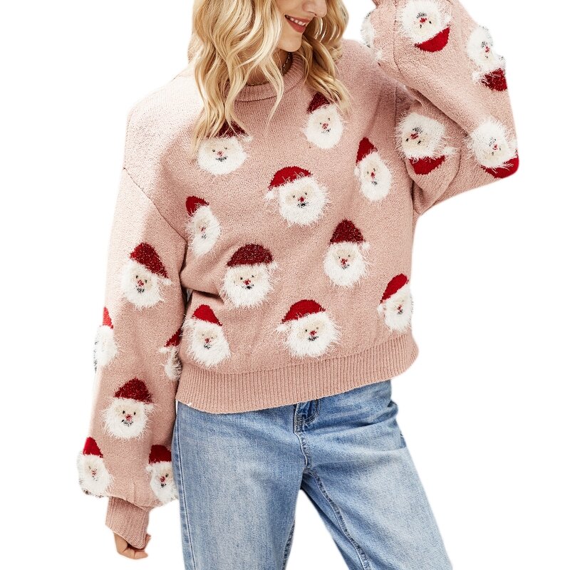 Wanita Lengan Panjang O-Leher Knit Sweater Kartun Natal Santa Claus Jumper Top X3UE