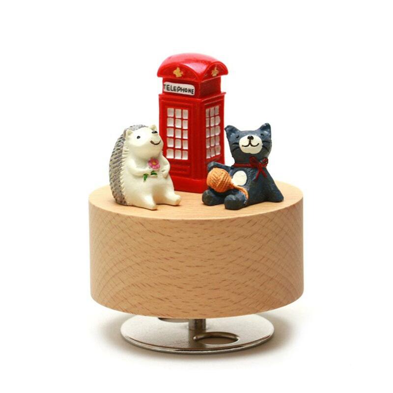 Caja de música redonda Kuulee, Mini Animal de caricatura de madera, mano giratoria, artesanía de música, perfecto regalo de cumpleaños, decoración del hogar