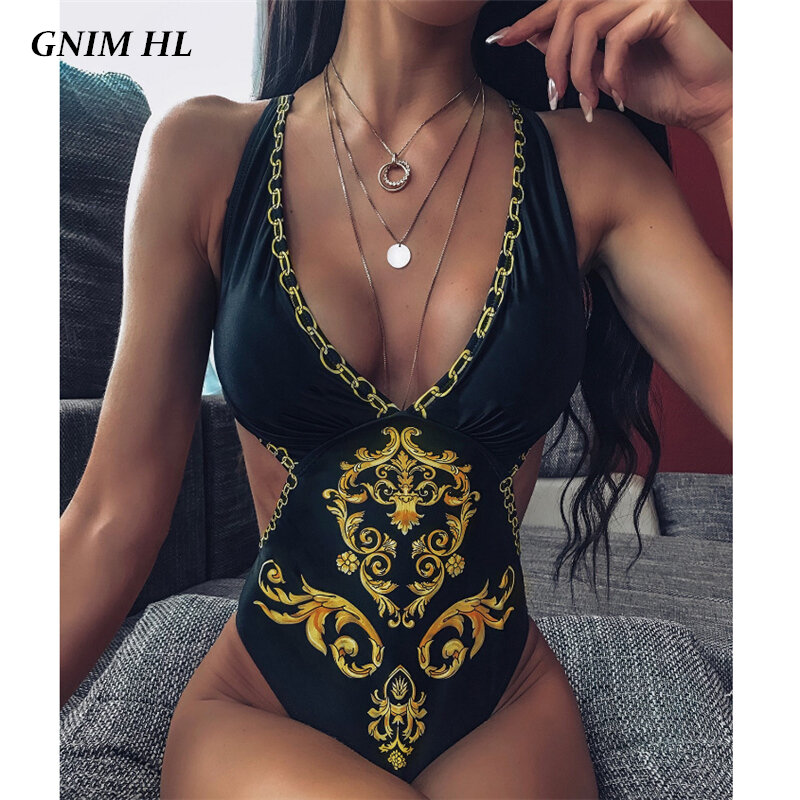 GNIM-bikini brasileño en una pieza de mujer, traje de baño con escote, bikini estampado para mujer de verano 2020