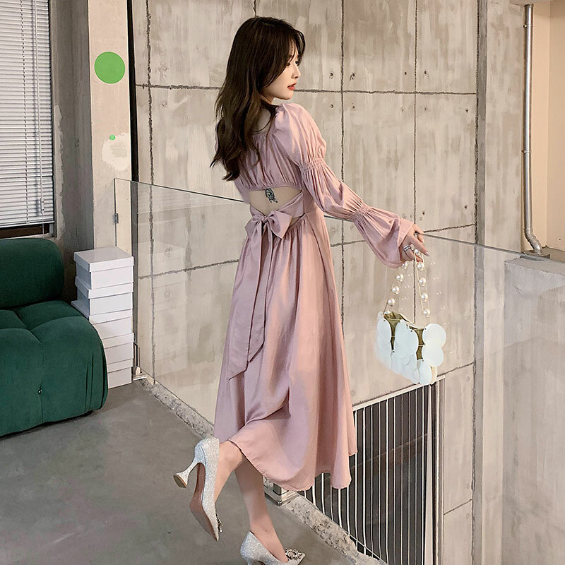 Hebe & Eos 2021 jesień eleganckie damskie sukienki długi, rozszerzony rękaw Sexy do kolan na imprezę jednoczęściowy strój różowy w koreańskim stylu szykowny Sundress