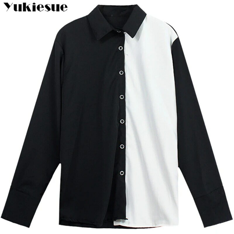 Blusa feminina elegante manga longa, camiseta feminina preta branca para verão 2021