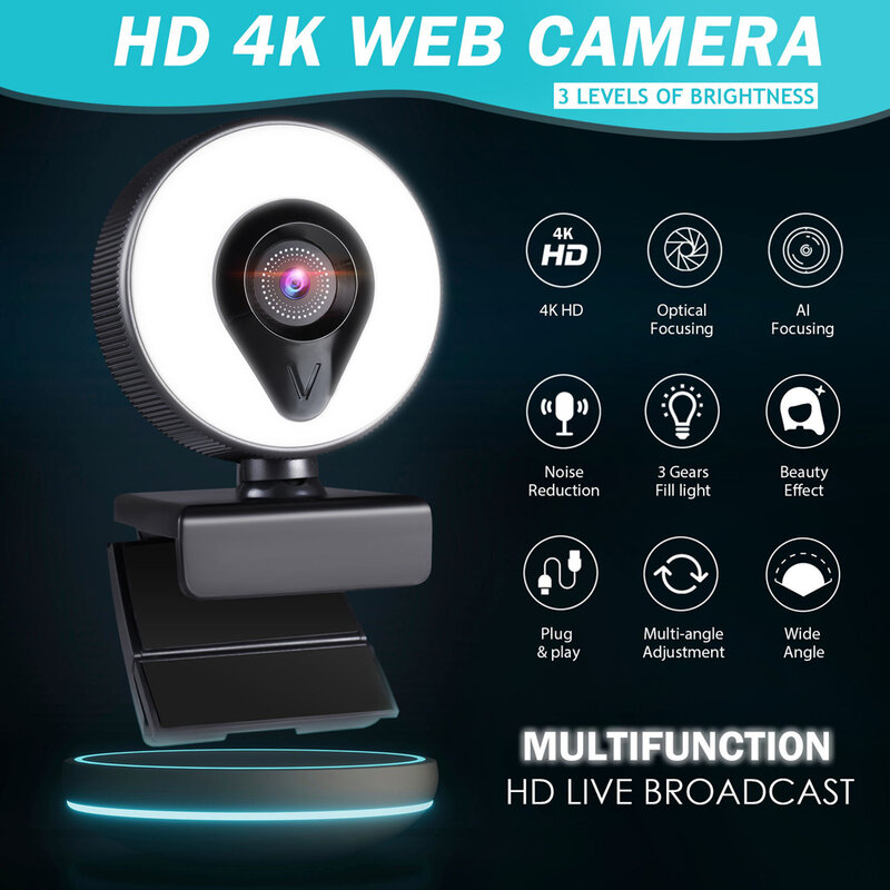 Kamera internetowa 1080P 2K 4K 8K Full HD kamera internetowa era dla komputer stancjonarny Laptop kamerka internetowa na USB kamera internetowa z mikrofonem i lampa pierścieniowa kamera internetowa ara Webcamera