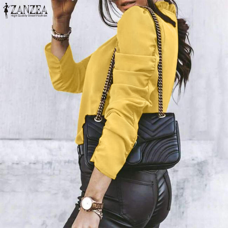 Kobieta OL bluzka ZANZEA 2021 elegancka wiosenna plisowane bluzki na co dzień z długim rękawem Blusas kobieta koszulka Solid tunika koszulka