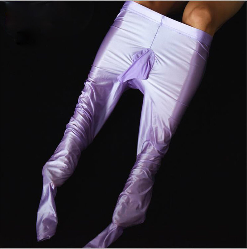 Calças masculinas sensuais com óleo brilhante, calças de tornozelo com haste aberta, calças de dança suave para ioga