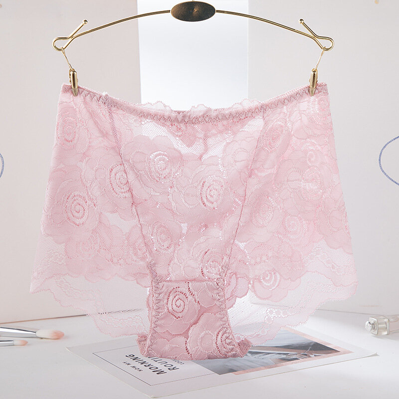 Ropa interior de encaje de cintura alta para mujer, bragas sexys ahuecadas de rosa, moda sin rastro, bragas increíbles, lencería suave transpirable