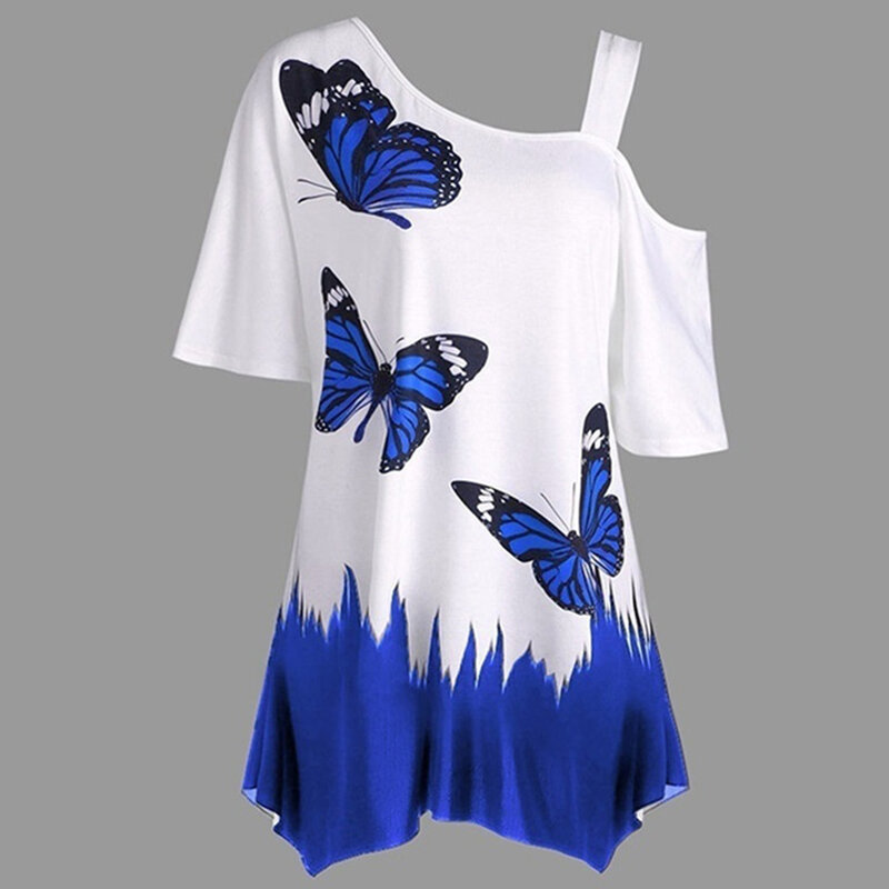 패션 여름 블라우스 여성 버터 플라이 프린트 캐주얼 원 숄더 불규칙한 여성 플러스 사이즈 루즈 블라우스 셔츠 blusas femininas