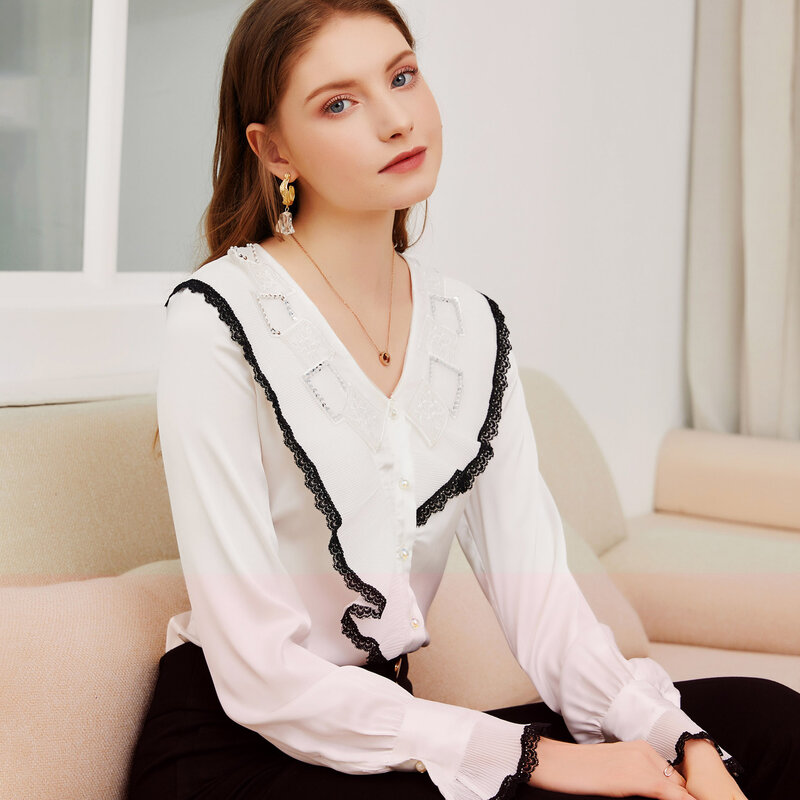 2021 봄과 가을 다목적 패션 스팽글 베이비 칼라 슬림 피트 여성 셔츠 긴 소매 시폰 셔츠 호른 슬리브 탑 맨
