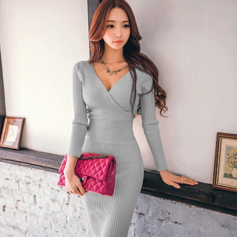 Elegante com decote em v das mulheres de malha de algodão vestido de camisola magro 2021 outono inverno coreano magro bodycon vestido de festa sexy vestidos