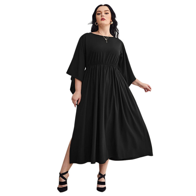 Wxl feminino plus size L-4XL preto senhoras manga longa babados bolso o pescoço camisa vestido 2021 primavera outono peça vestido de malha