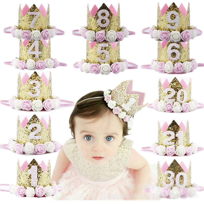 2 year Birthday Hats Baby Shower One First Birthday Hat Princess Crown 1st 2nd Year Old Number Birthday Party Decorations Kids
