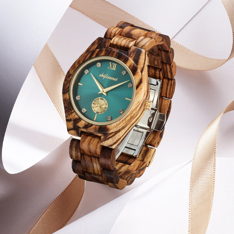 Shifenmei relógio de pulso de madeira feminino, relógio de marca de luxo quartzo para mulheres pulseira de madeira
