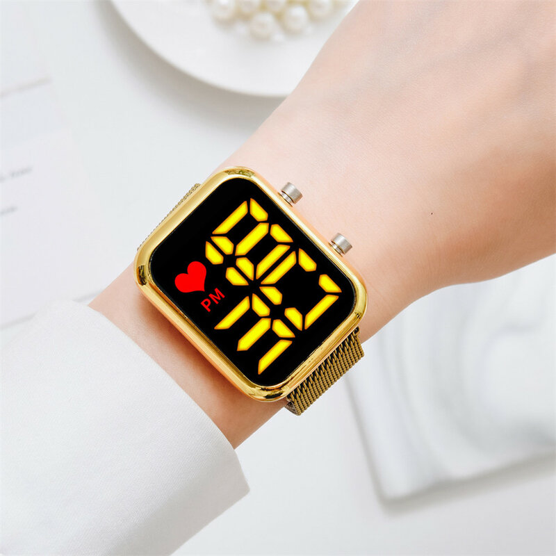 Proste kwadratowe różowe złoto kobiety LED zegarki elektroniczne magnes pasek z siatki ze stali nierdzewnej zegarki damskie moda kobieta zegar