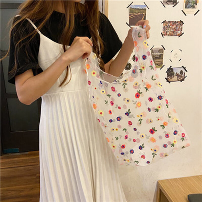 High Quality Female Flower Embroidery Hand Bag Organza Casual Tote Mesh Shopping Bags Foldable Eco -friendly Bag for Groceries
