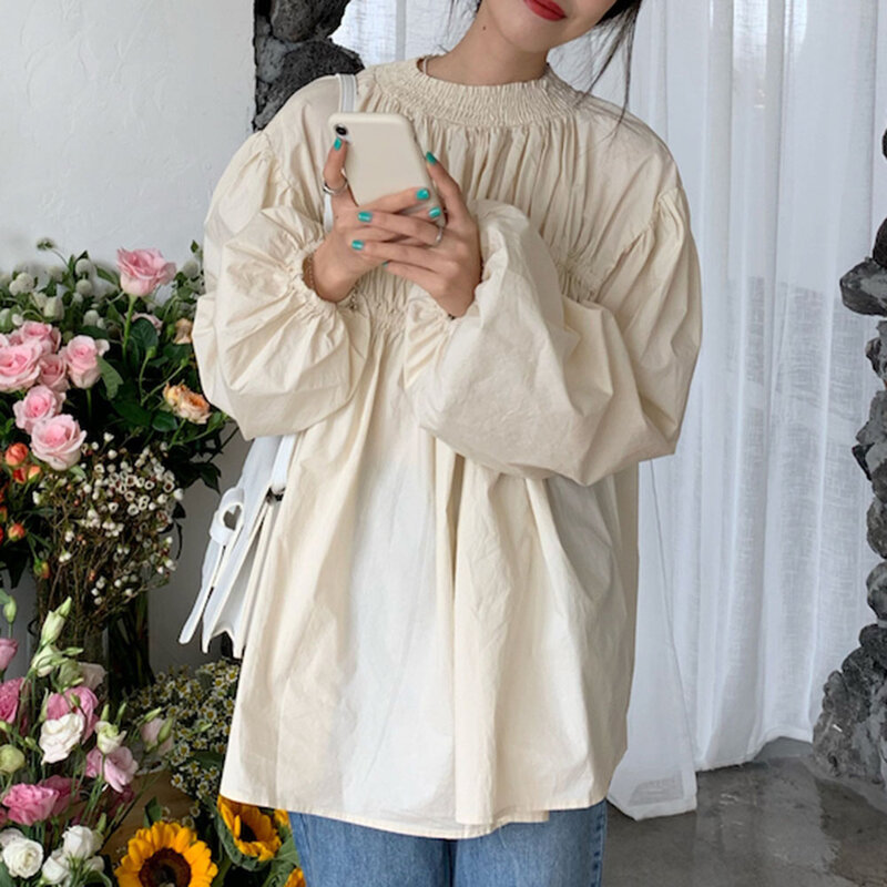 블라우스 2021 가을 새로운 일본식 레트로 패션, 루즈 솔리드 컬러 폴드 라운드 넥 퍼프 슬리브 캐주얼 깔끔한 셔츠