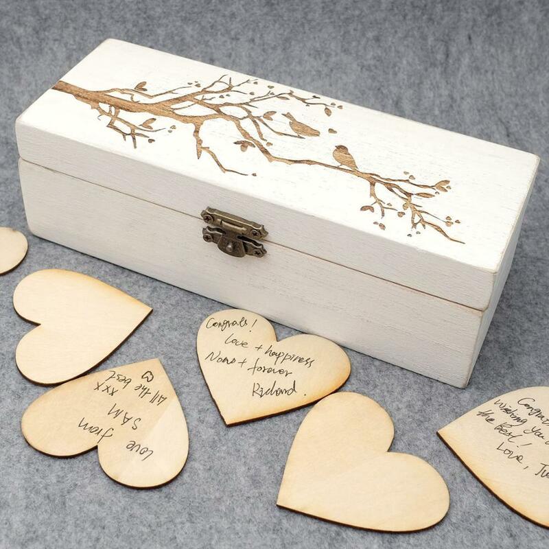 Livro de visitas personalizado, alternativa rústica da caixa da lembrança do casamento, corações de madeira gravados da caixa de gota do livro de hóspedes do casamento