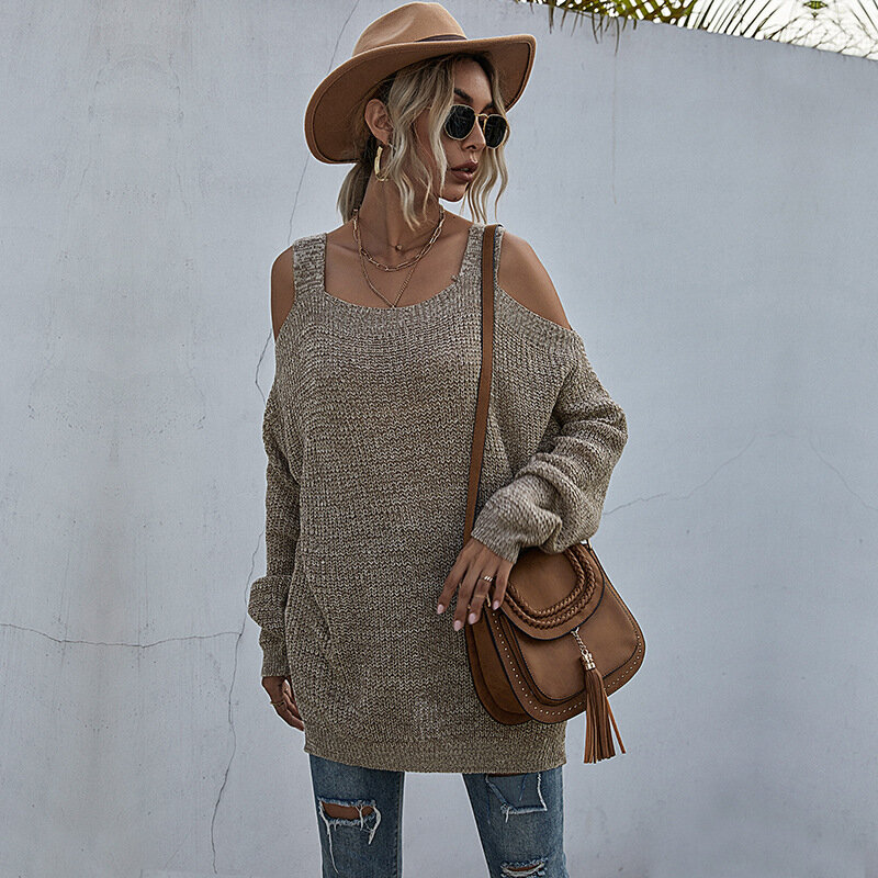 DOUJILI Fashion Wanita Sweatershirt Lengan Panjang Berongga Bahu Gaya Populer Pullover untuk Wanita