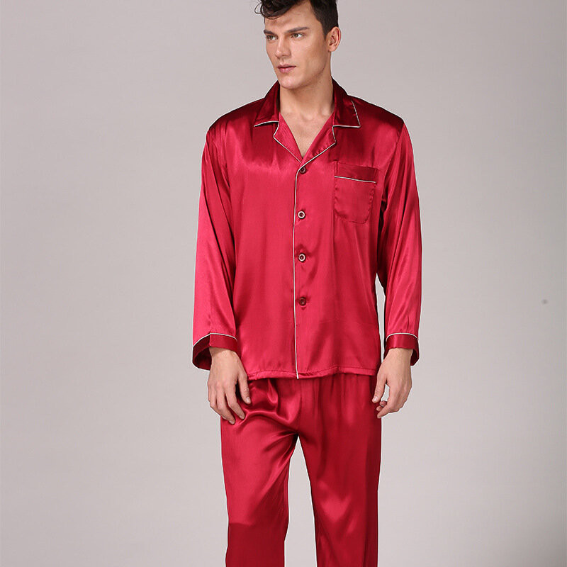 Conjunto de pijamas de manga longa de seda e cetim para homens, pijamas tradicionais sólidos