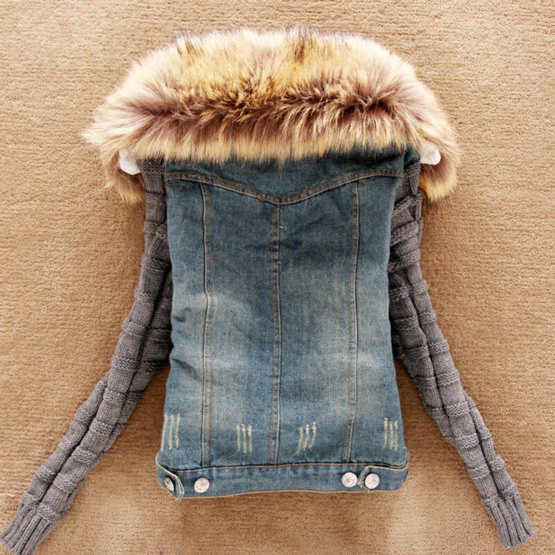 Women Spring Fall Denim Jacket Faux Fur Coat Fashion Casual Winter Overcoat Tops Female Knit Stitching Jeans OverCoats